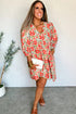 Red Floral Print Ricrac Trim V Neck 3/4 Sleeve Loose Mini Dress