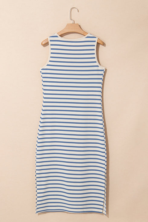 Sky Blue Stripe Tie V Neck Sleeveless Side Slit Midi Dress