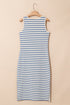Sky Blue Stripe Tie V Neck Sleeveless Side Slit Midi Dress