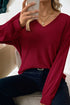 Racing Red Ribbed V Neck Contrast Ribbon Bow Back Drop Shoulder Long Sleeve Top