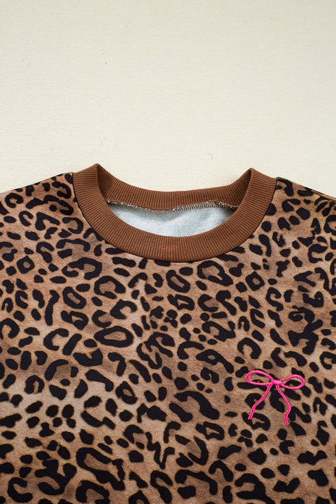Coffee Leopard Print Contrast Trim Long Sleeve Top and Pants Set