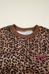 Coffee Leopard Print Contrast Trim Long Sleeve Top and Pants Set