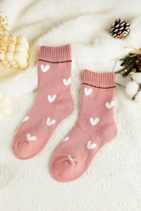 Pink Contrast Heart Print Ribbed Cuff Womens Crew Socks