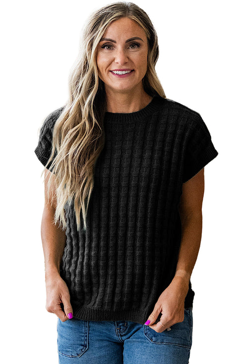 Black Solid Color Round Neck Textured Short Sleeve Sweater