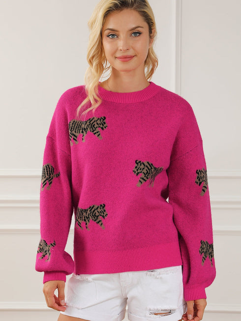 rose-red-fierce-animal-pattern-casual-knitted-sweater