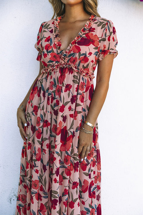 Fiery Red Floral Print Frilled V Neck Short Sleeve Maxi Dress