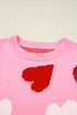 Pink Pearl Embellished Heart Pattern Valentines Day Sweater
