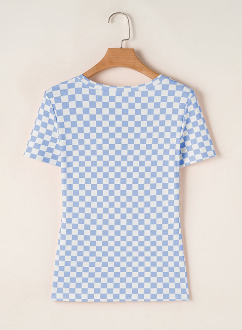 Sky Blue Checkered Ribbed Slim Fit Crew Neck T Shirt