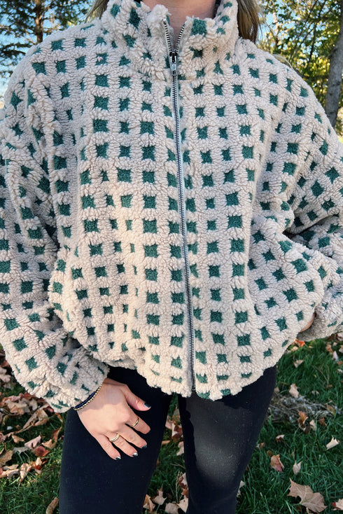 Green Plush Plaid Zip Up Cozy Winter Coat