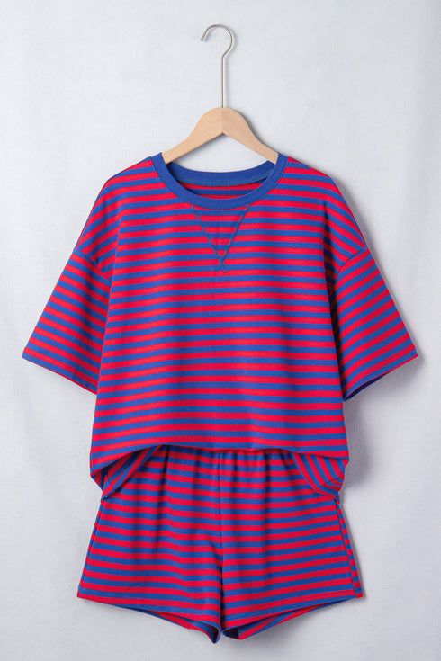 Navy Stripe Striped Ribbed Cotton Two-Piece Short Set with Chest Patch Detail