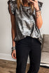 Silvery Metallic Round Neck Ruffle Trim Sleeveless Top