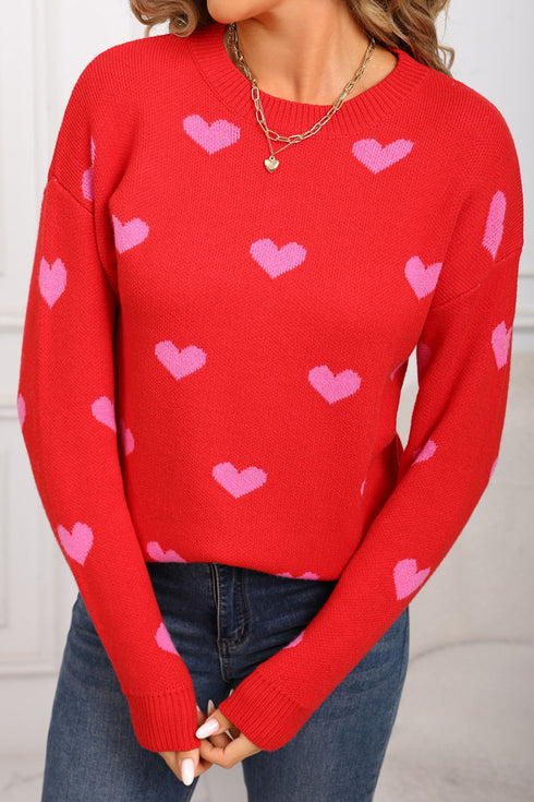 Rose Red Classic Round Neck Drop Shoulder Heart Print Sweater