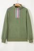 Vineyard Green Contrast Striped Patchwork Zip Collar Pullover Sweatshirt