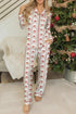 White Women's Christmas Santa Print Long Sleeve Pajama Set Button Down Loungewear Sleepwear