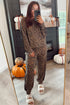 Brown Varsity Striped Trim Leopard Long Sleeve Top Drawstring Pant Set