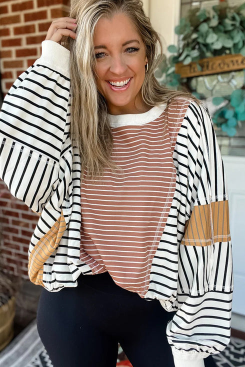 Pink Striped Color Block Patchwork Exposed Seam Oversize Long Sleeve Top