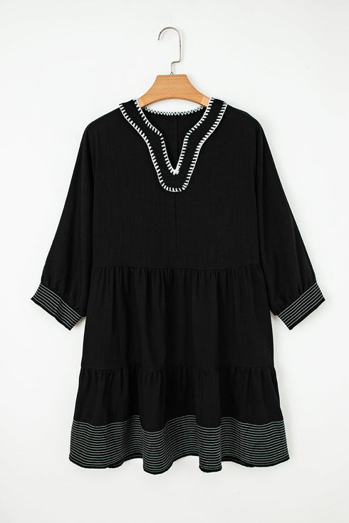 Black Contrast Stitched V Neck 3/4 Sleeve Tiered Mini Dress
