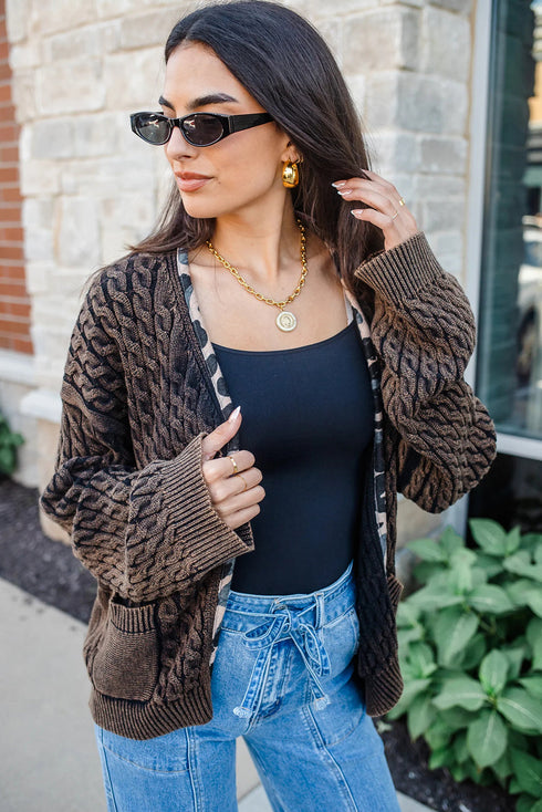 Chicory Coffee Mineral Wash Cable Knit Leopard Trim Open Front Sweater Cardigan