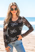 Black Round Neck Bow Print Long Sleeve Mesh Top