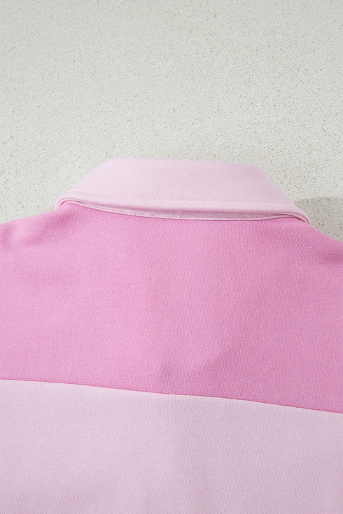 Pink Raw Seam Color Block Patchwork Button Polo Collar Mini Dress