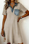 Beige Short Sleeve Ribbed Knit Denim Patchwork Polo Collar Dress