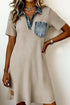 Beige Short Sleeve Ribbed Knit Denim Patchwork Polo Collar Dress