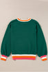 Blackish Green Colorblock Striped Trim Drop Shoulder Sweater