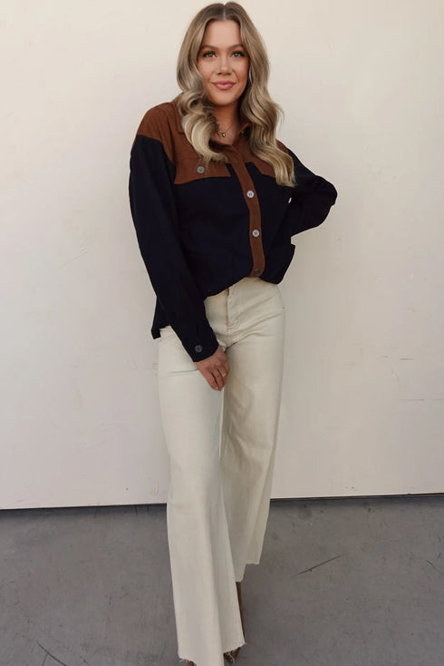 Multicolour Button Flap Detail Color Block Patchwork Corduroy Shacket