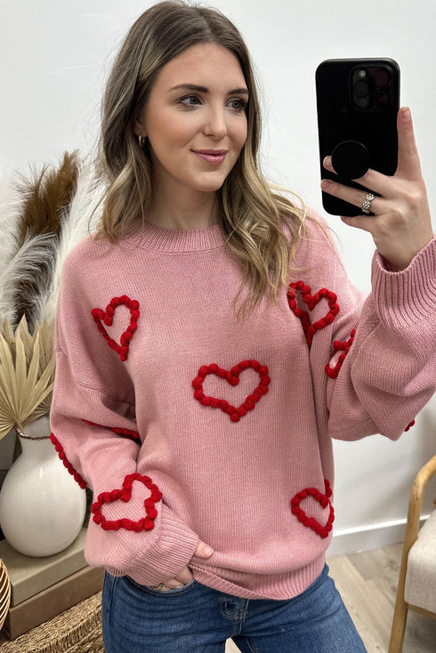 Fushia Puffy Heart Embroidery Drop Shoulder Sweater