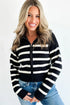 Black Stripe Ribbed Knit Zip Up Drop Shoulder Sweater Cardigan