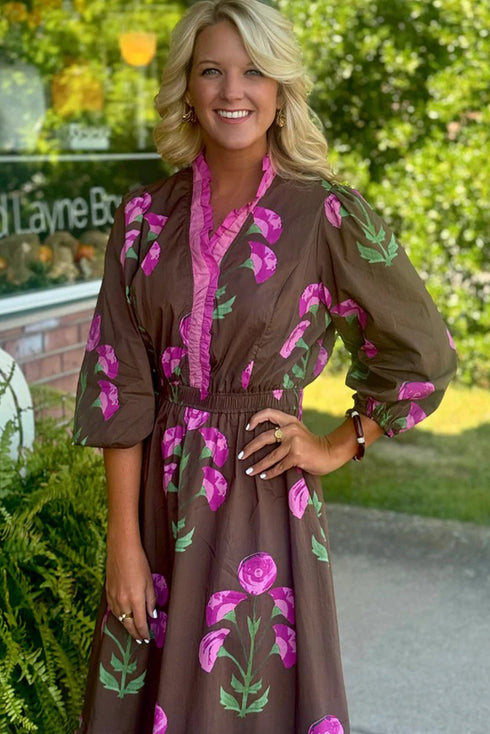 Brown Contrast Flower Print Frilled Neckline Puff Sleeve Long Dress