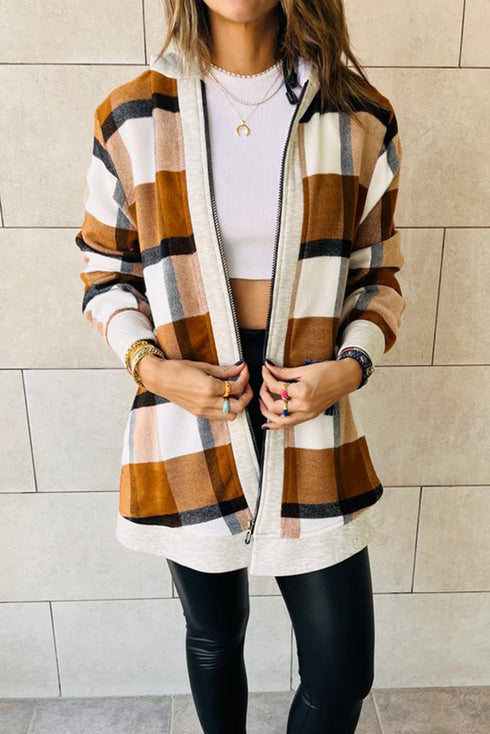 Brown Vintage Plaid Contrast Trim Hooded Zip Up Jacket