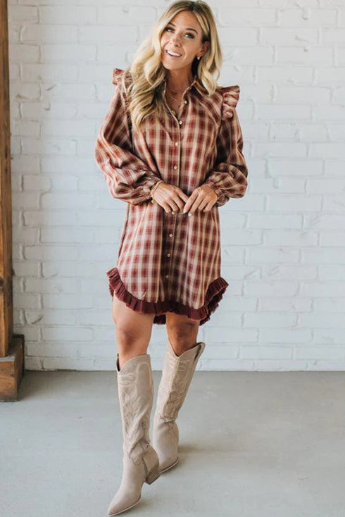 Red Plaid Print Ruffled Long Sleeve Patchwork Hem Mini Shirt Dress