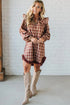 Red Plaid Print Ruffled Long Sleeve Patchwork Hem Mini Shirt Dress
