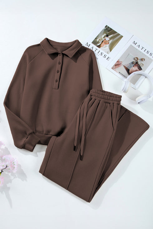 Dark Brown Solid Collared Sweatshirt and High Waist Pants Active Set