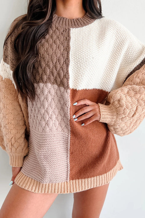 Coffee Mix Texture Colorblock Knit Baggy Sweater