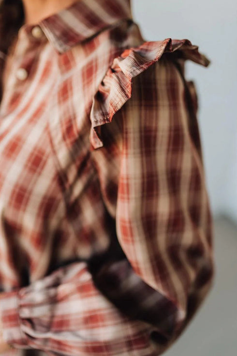 Red Plaid Print Ruffled Long Sleeve Patchwork Hem Mini Shirt Dress