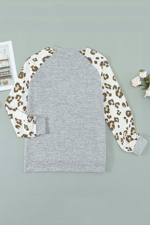 Gray Round Neck Leopard Long Sleeve Top