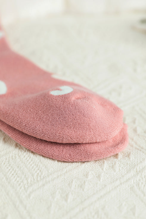 Pink Contrast Heart Print Ribbed Cuff Womens Crew Socks