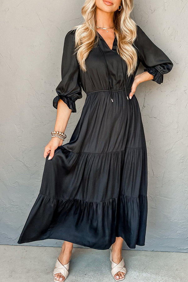 Black Flounce Bracelet Sleeve V Neck Tiered Maxi Dress