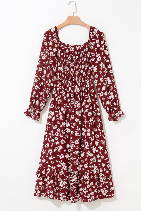 Red Floral Print Long Sleeve Square Neck Smocked Maxi Dress