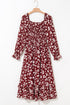 Red Floral Print Long Sleeve Square Neck Smocked Maxi Dress