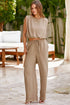 Pale Khaki Solid Color Keyhole Puffy Tank Drawstring Loose Pants 2pcs Outfit