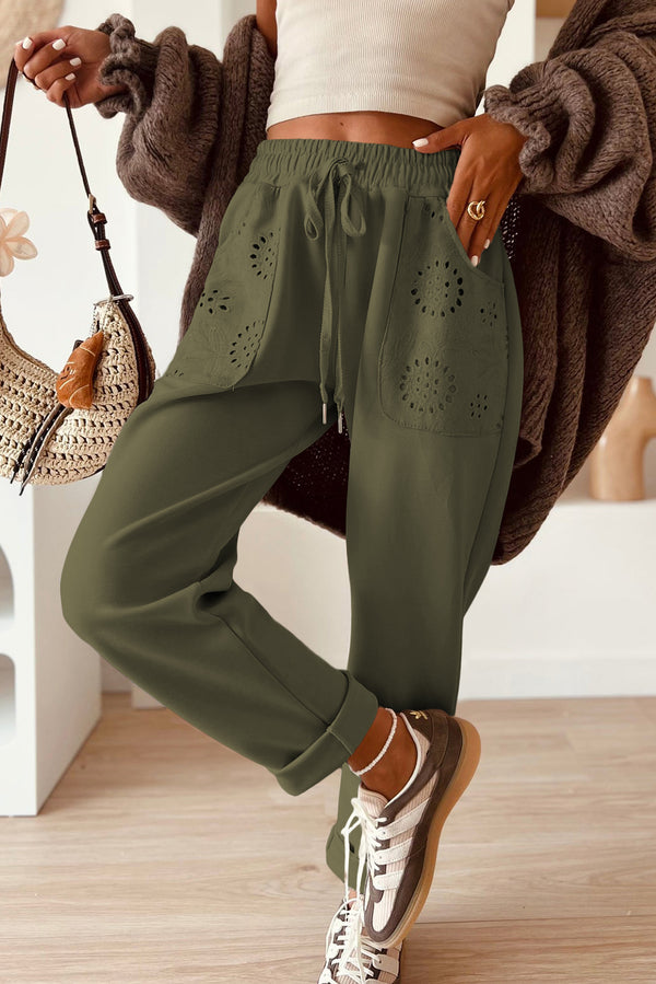 Moss Green Embroidered Patched Pockets Drawstring Pants