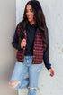 Red Retro Plaid Snap Button Zip Up Winter Vest