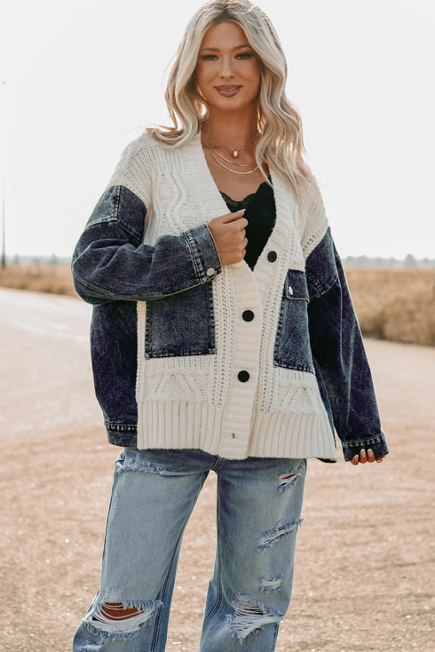 Beige Chunky Knit Denim Patchwork Cardigan Sweater