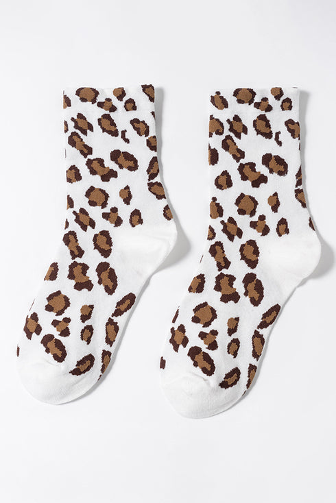 White Leopard Print Polyester Cotton Socks