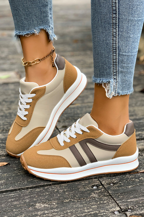 Brown Varsity Color Block Patchwork Lace-up PU Leather Sneakers