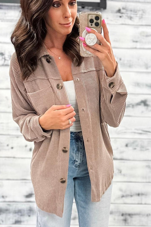 Smoke Gray Twisted Ribbed Button Down Single Chest Pocket Casual Shacket