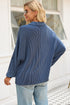 Navy Blue Oversized Twist Ribbed Collared Henley Top with Roll up Sleeve